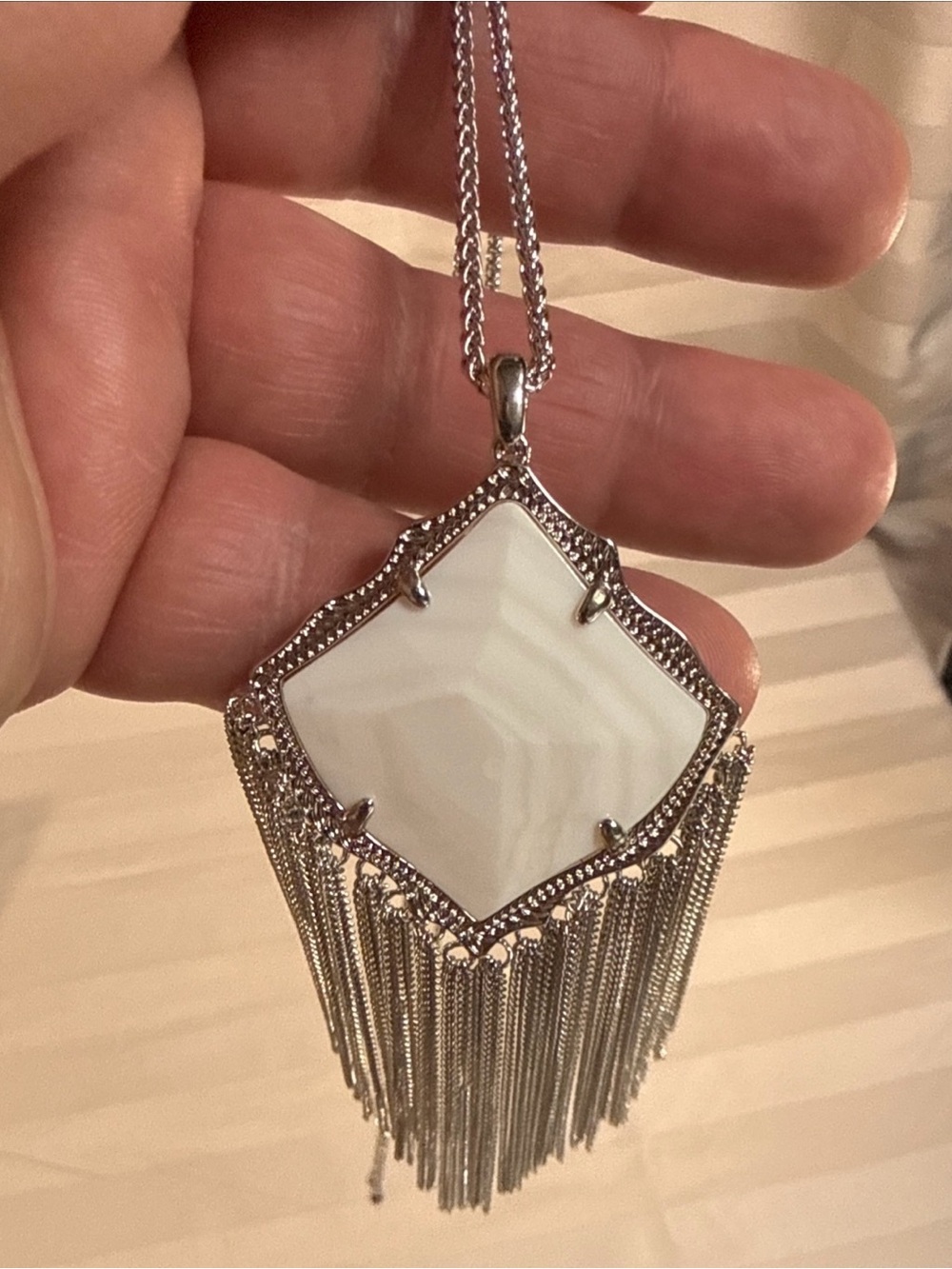Kendra Scott White Stone Silver Fringe Pendant Necklace